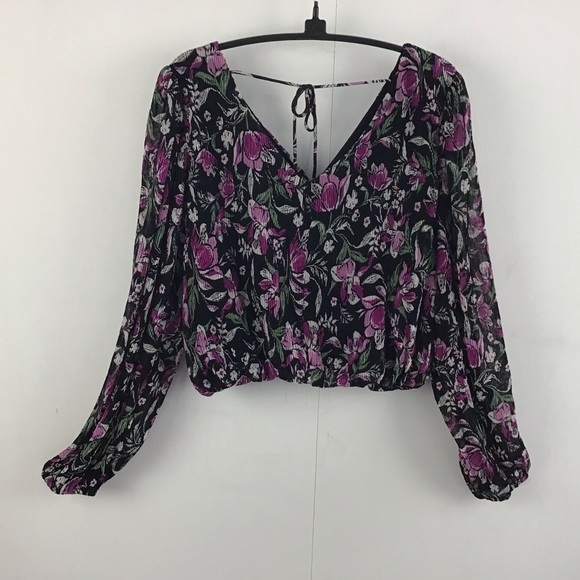 Japna x front v neck shear longsleeve floral print cropped elastic waist… - Picture 2 of 7